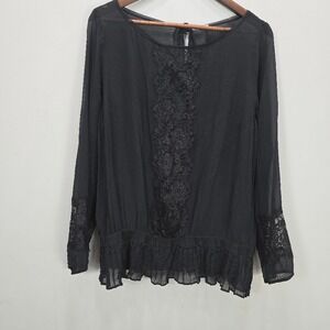 Cache Top L Black Lace‎ Sheer Long Sleeve Ruffle Boho Witchy Whimsigoth Vamp